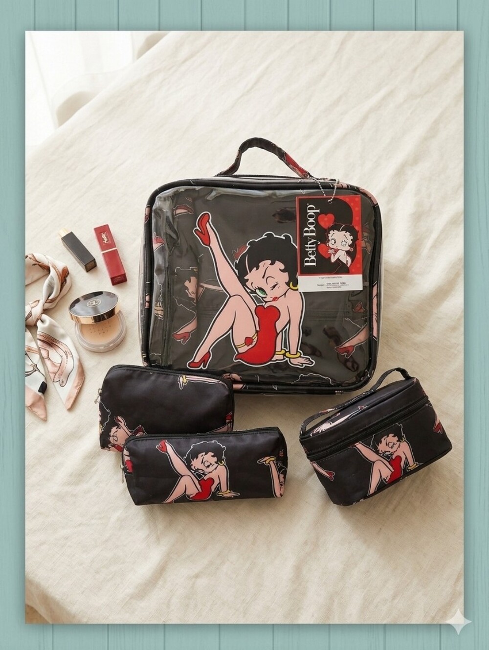 NWT Betty Boop 4pc Cosmetic Bag Set Clear Travel Case Pinup Leg